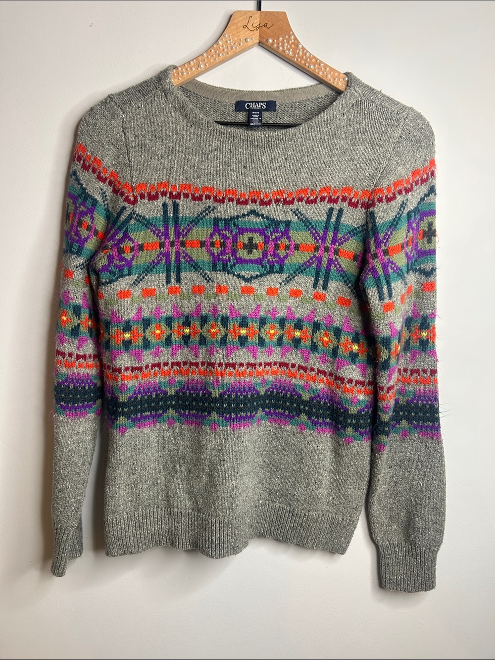 Chaps Gray Fair Isle Crewneck Sweater with Multicolor Accents